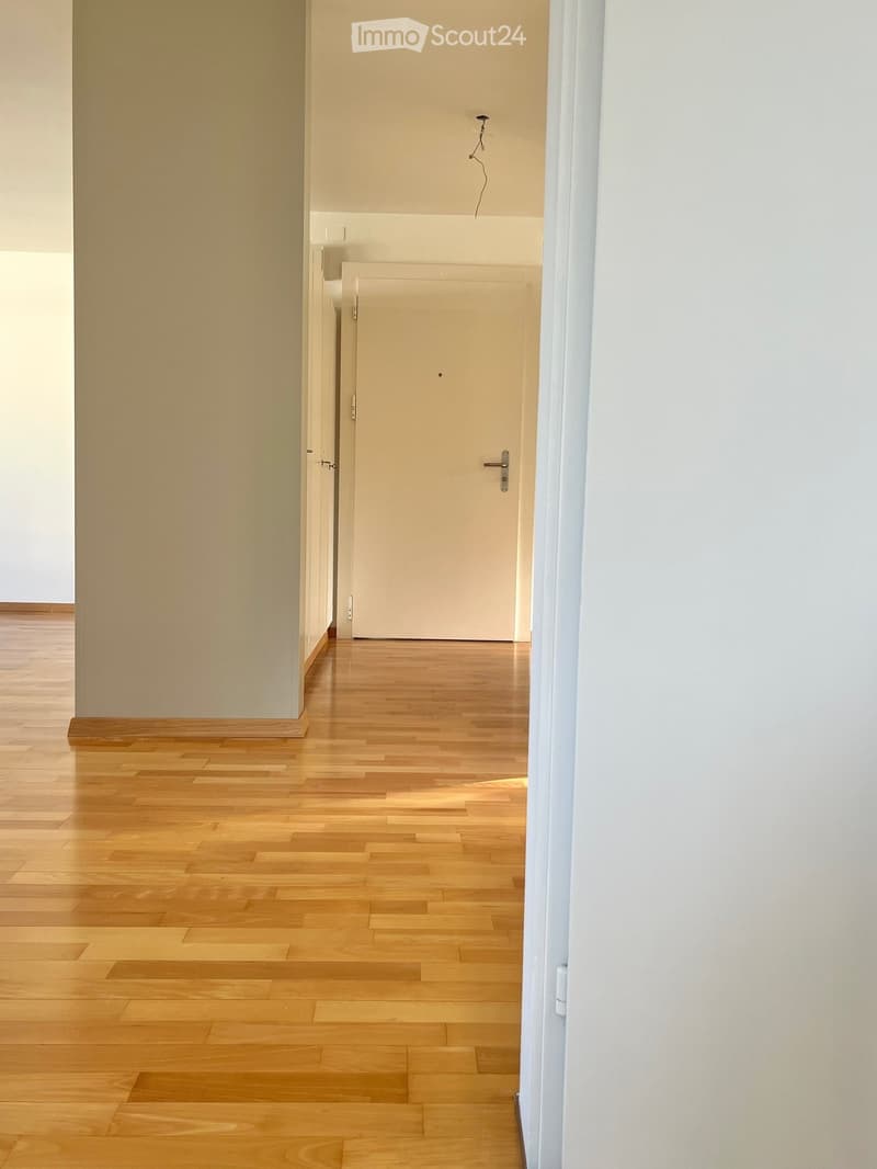 Empty hallway with light wooden flooring and white walls, featuring a closed door at the end.