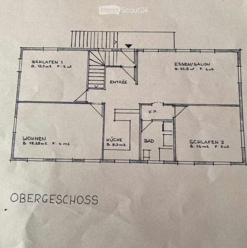 3 rooms on upper floor, 3 rooms on lower floor, kitchen, entrance, stairs to upper floor