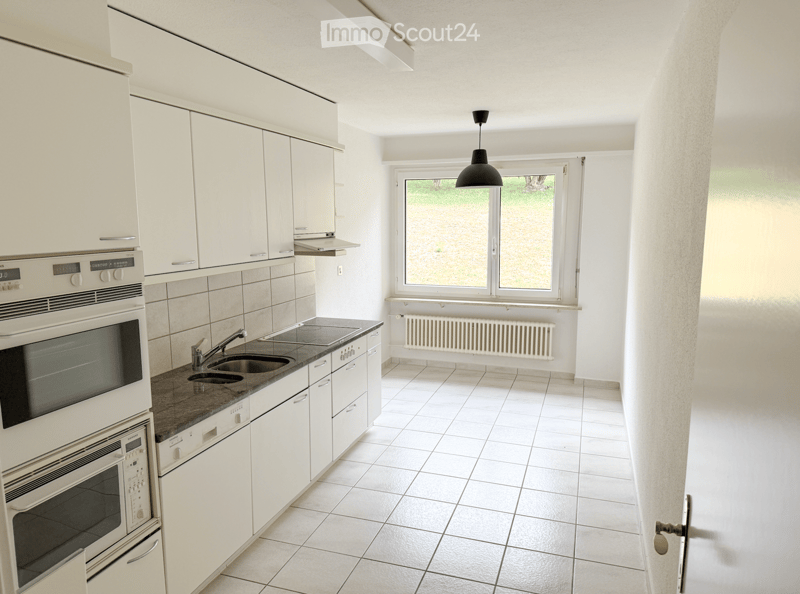 Modern kitchen with white cabinets, stainless steel appliances, a double sink, and a window overlooking a green area.