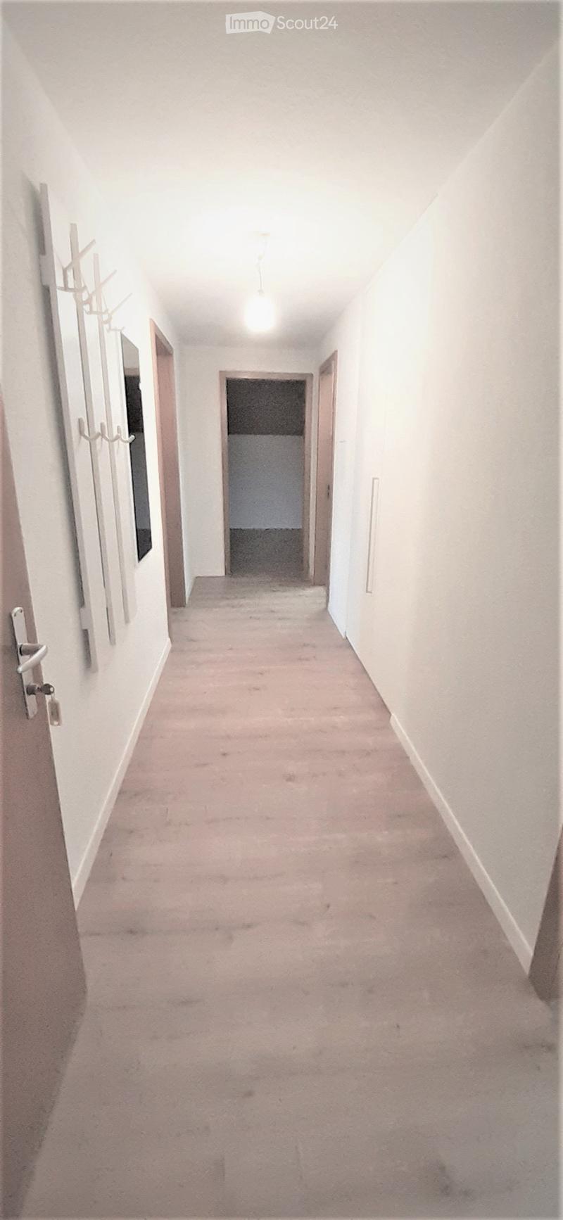 Empty hallway with beige carpet, white walls, and a single light fixture. Doors are visible on both sides, leading to other rooms.