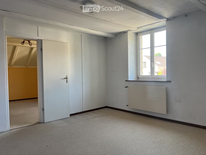 Empty room with light grey walls, carpeted floor, white door, window with radiator, and visible ceiling lights.