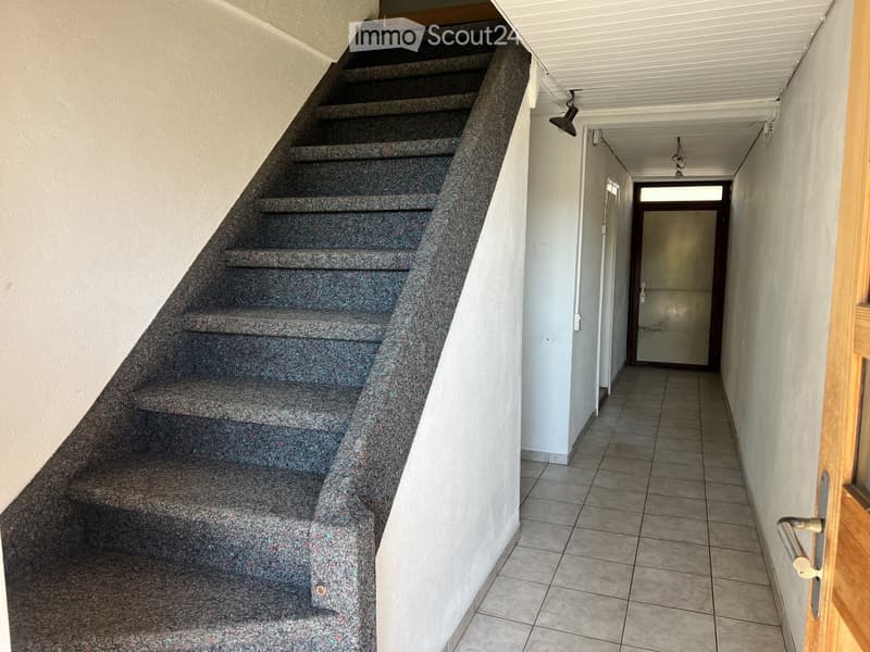 A carpeted staircase leads upwards, with tiled flooring in the hallway and a closed door at the end.