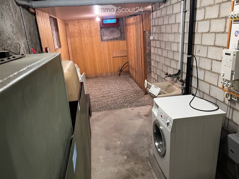Basement bathroom with a washing machine, sink, and exposed brick walls.