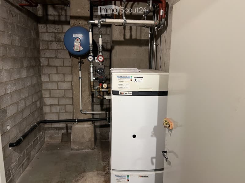 Utility room with exposed brick walls, concrete floor, water heater, and various pipes and gauges.