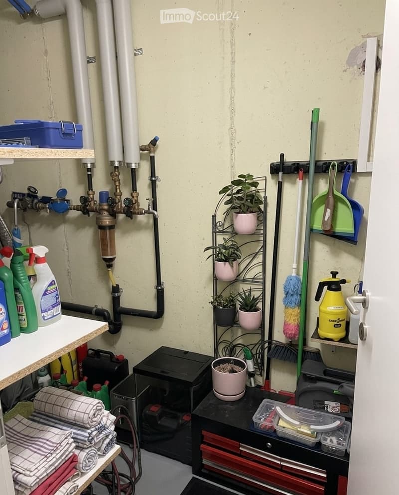 Utility room with shelves holding cleaning supplies, potted plants, a mop, broom, dustpan, and a toolbox. Towels are stacked on a shelf, and various cleaning tools are visible.