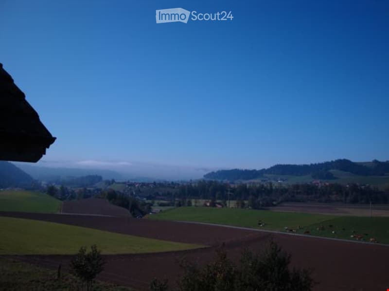 Panoramic view of a rural landscape with fields, scattered trees, and distant hills under a clear blue sky.