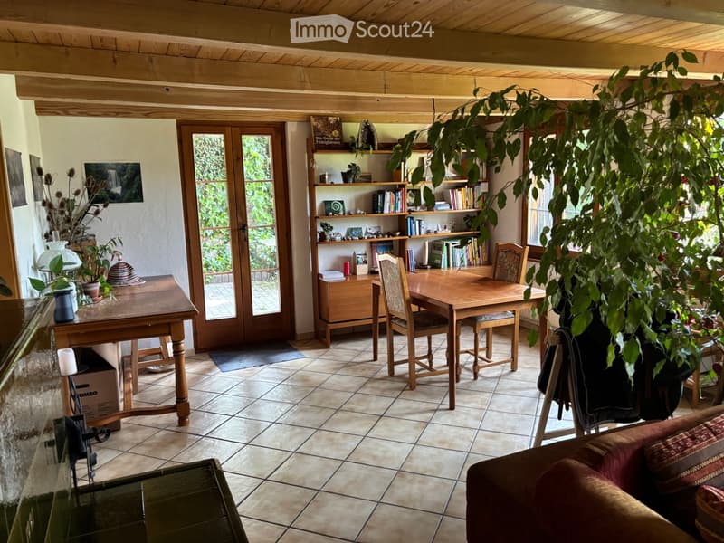 A cozy, well-furnished room with wooden beams on the ceiling, tiled floor, and large windows. Features include a sofa, dining table with chairs, bookshelf, and various plants.