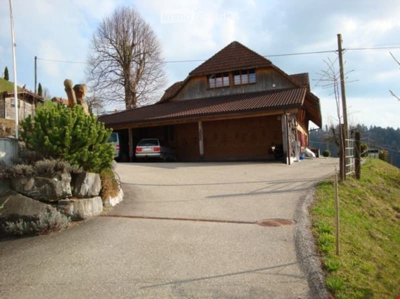 Two-story house with a garage and driveway, surrounded by greenery and trees.