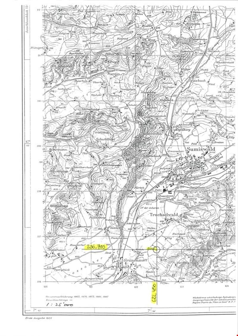 Topographic map showing terrain contours, elevation lines, and labeled locations including Sumiswald and Trubschwald.