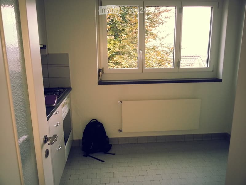 Small room with a window, radiator, cabinets, and a stove.