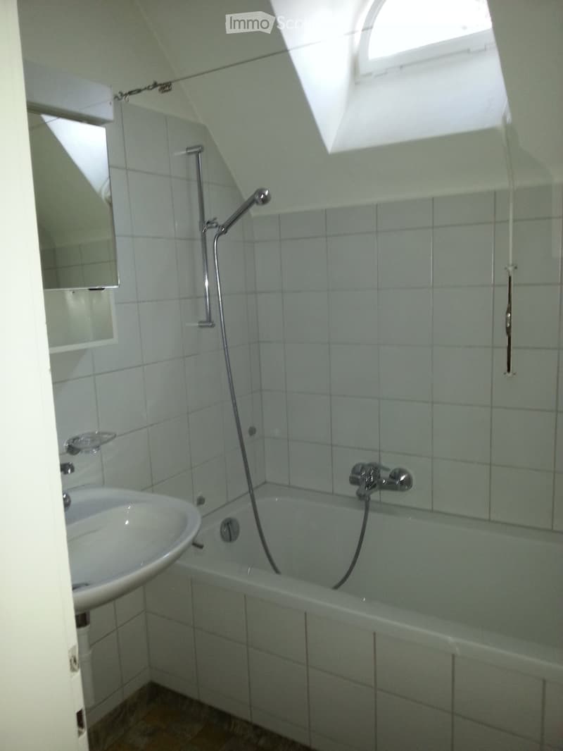 Bathroom with bathtub, sink, mirror, and shower attachment