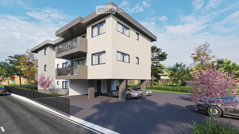 Modern two-story building with balconies, garage, and parking area.