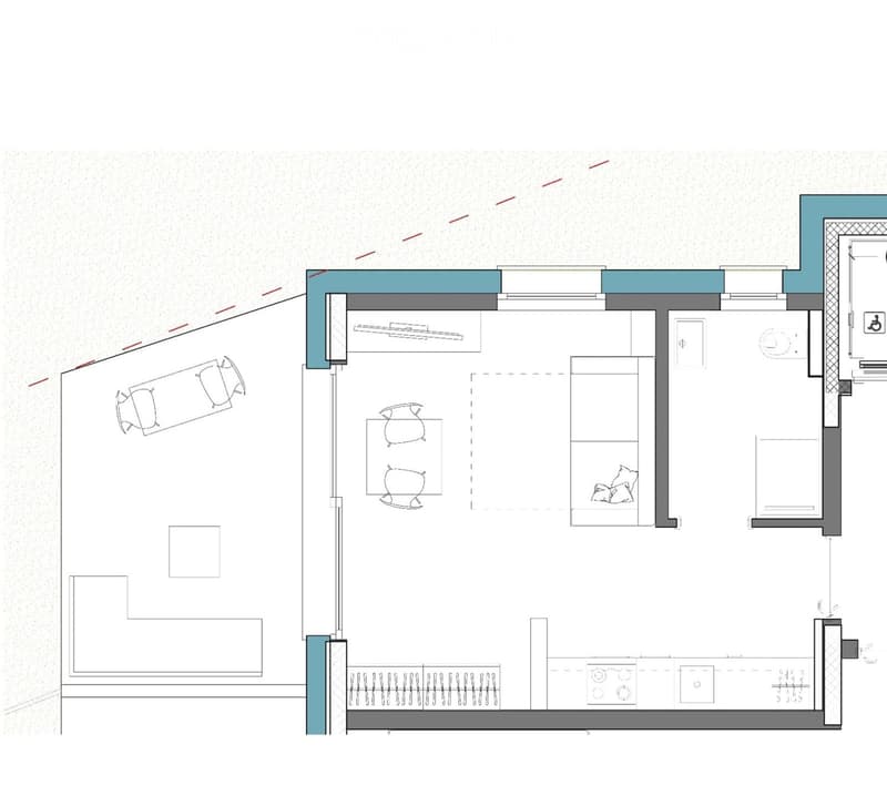 Layout includes a living room, kitchen, two bedrooms, and a bathroom. Features a balcony and accessible entrance.