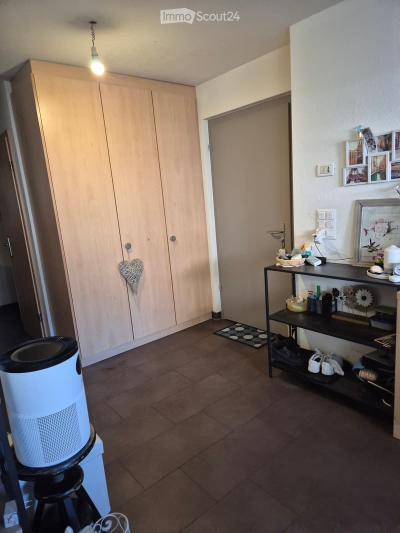 The image shows a hallway with a tiled floor, a black shelf holding shoes and various items, a white fan on a stool, and a heart-shaped decoration on the wall. There are also picture frames and a mirror on the wall.