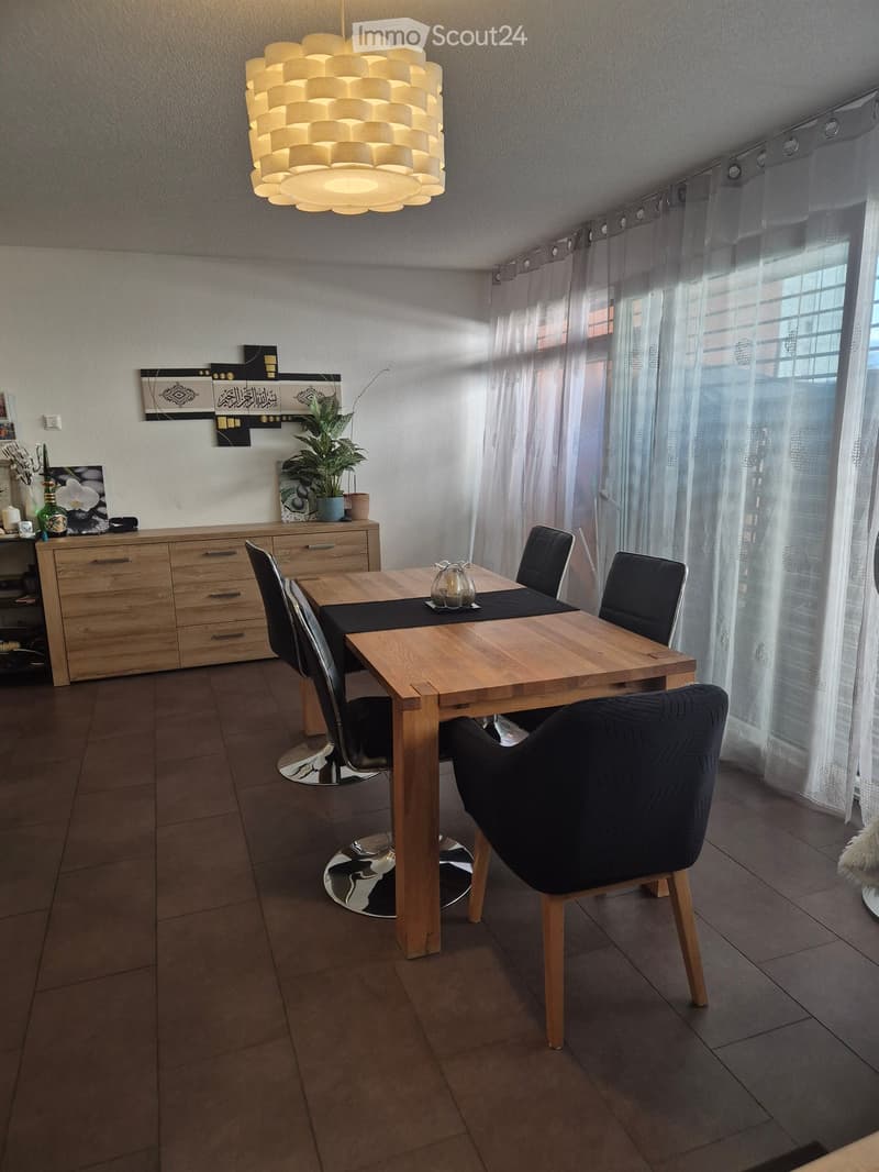 Modern dining room with a wooden dining table, four chairs, a wooden cabinet, a potted plant, and a decorative lamp.