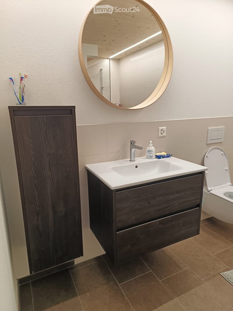 Modern bathroom with a white sink, dark wooden cabinet, round mirror, and a toilet with the lid up.
