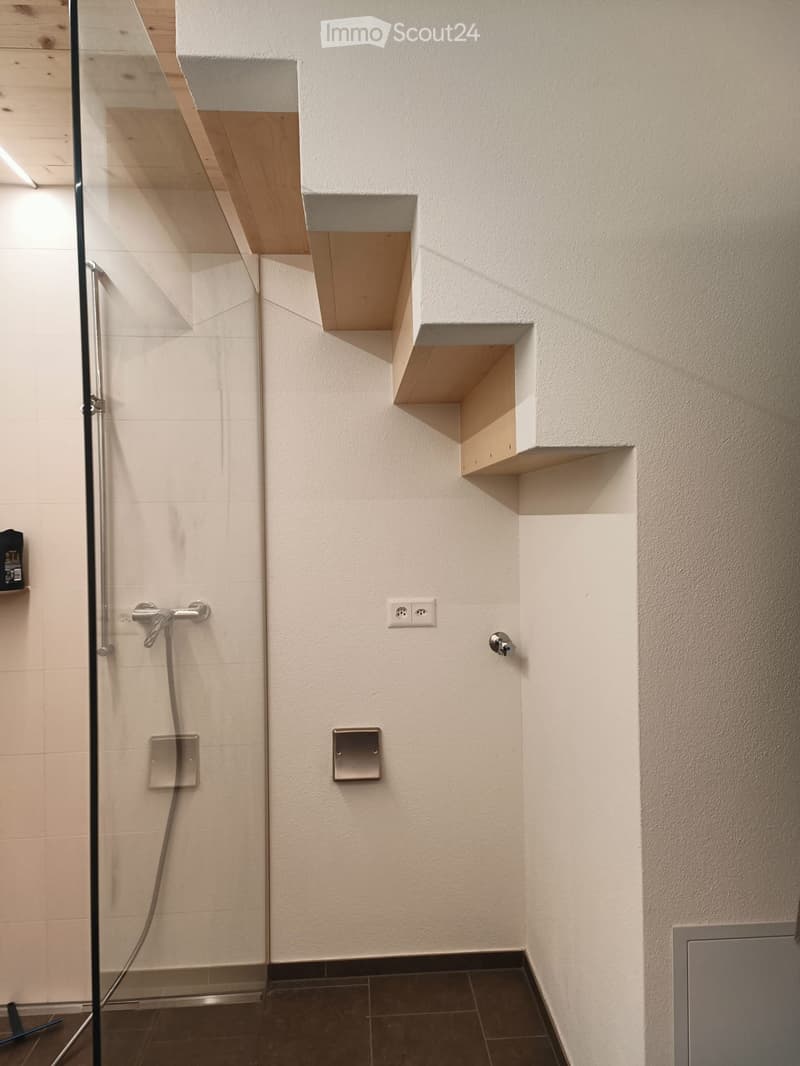 Modern bathroom with a glass-enclosed shower area, wooden shelves, and a sleek faucet.