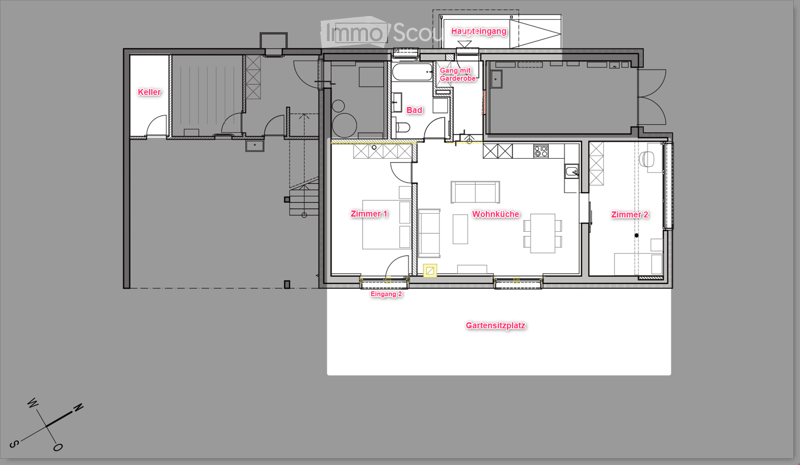 Floor plan of a house with a living room, kitchen, two bedrooms, bathroom, hallway, and entrance area.