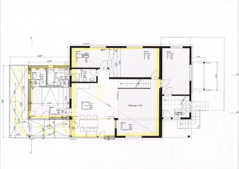 Floor plan of a residential building showing multiple rooms, including living spaces, bedrooms, and a kitchen, with labeled dimensions and room functions.