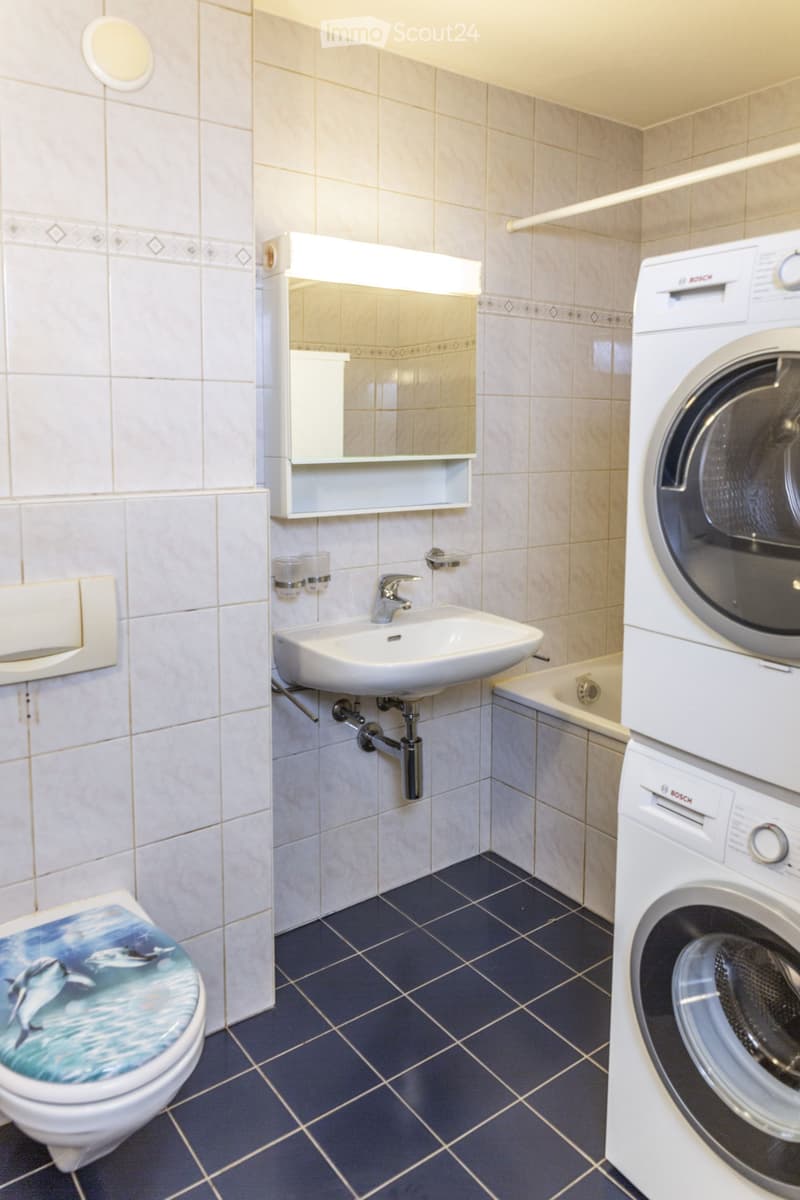 Bathroom with a toilet, sink, mirror, and washing machine. The walls are tiled, and the floor is dark blue tiles.