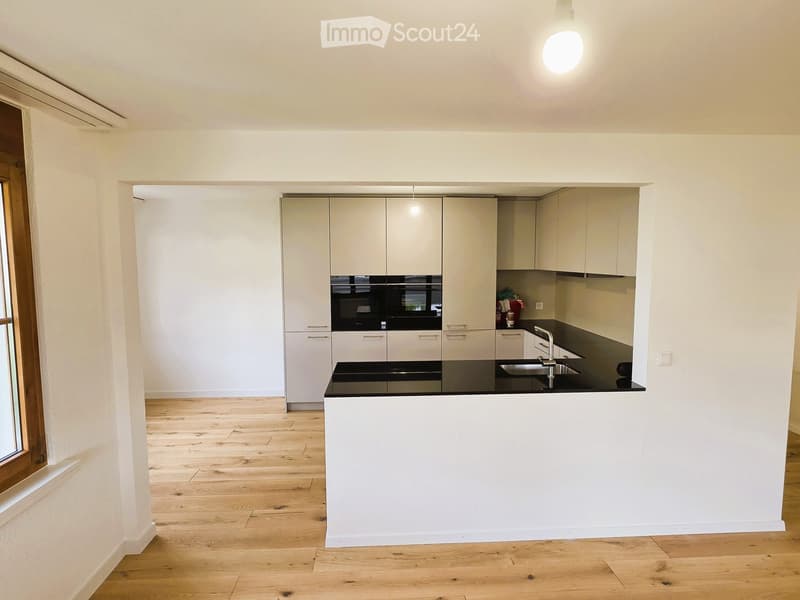 Modern kitchen with white cabinets, black countertops, and wooden floors.