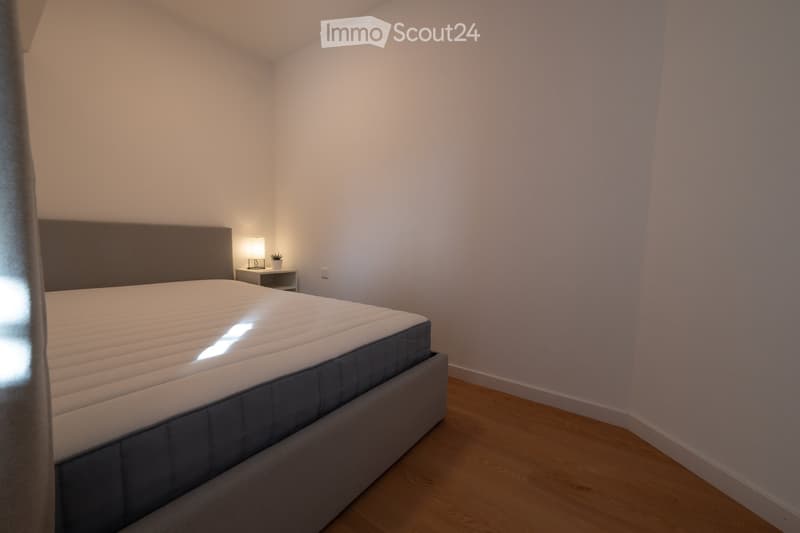 Modern bedroom with a large bed, nightstand, lamp, and small plant on the nightstand. Light-colored walls and wooden flooring.