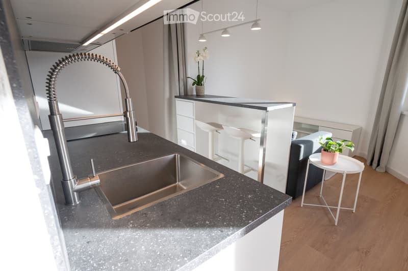 Modern kitchen with dark granite countertops, stainless steel sink and faucet, white stools, small table with plant, and grey sofa in the background.