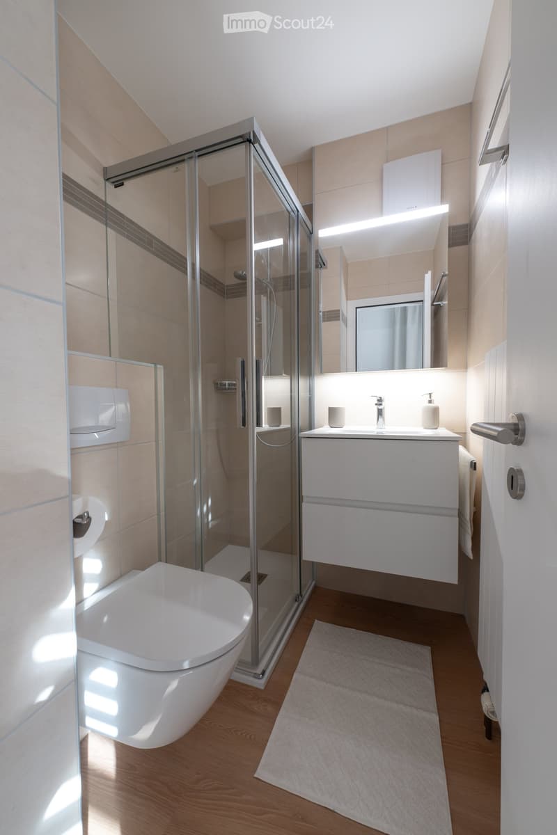 Modern bathroom with a white toilet, a glass-enclosed shower, a white sink with a mirror, and a wooden floor.