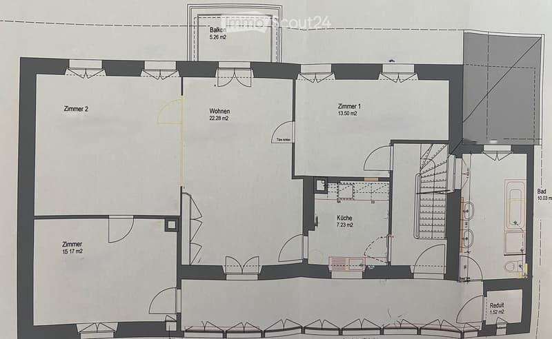 Floor plan of a 3-room apartment with a living area, two bedrooms, kitchen, bathroom, and a small balcony.