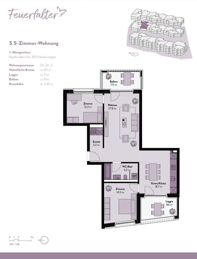 Floor plan of a 3.5-room apartment with living area, two bedrooms, kitchen, bathroom, and balcony.