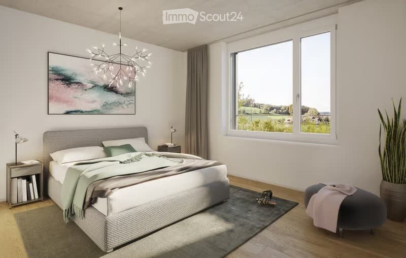 Modern bedroom with large windows offering a scenic view, a neatly made bed with pillows and blankets, a nightstand with a lamp, a chair, a stool, a potted plant, and a decorative picture frame on the wall.