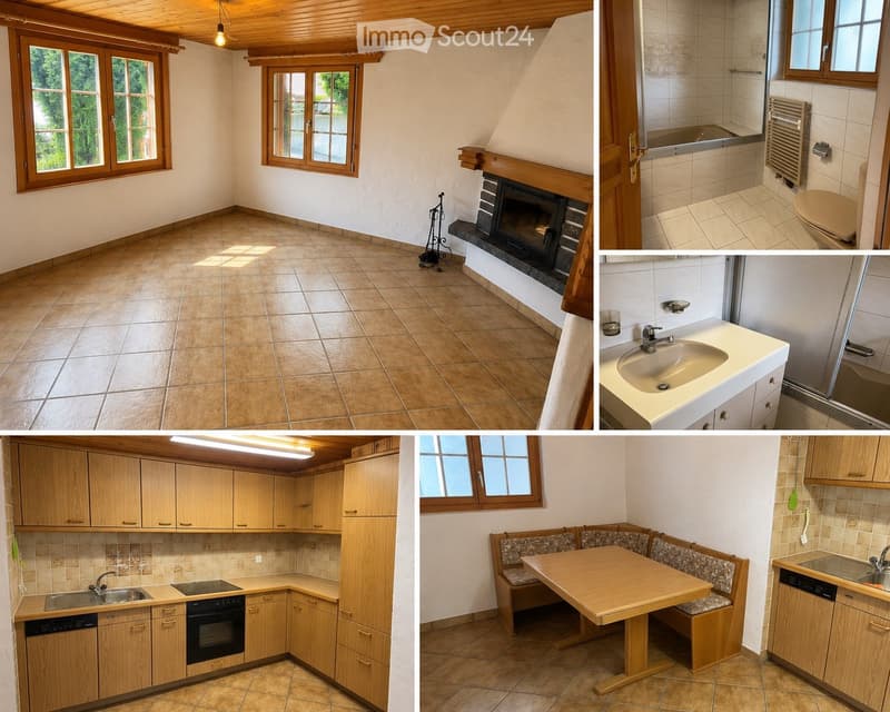 The collage shows a house with multiple rooms: a living room with tiled flooring, wooden ceiling beams, and a fireplace; a bathroom with a toilet, sink, and shower; a kitchen with wooden cabinets, a sink, and an oven; and a dining area with a wooden table