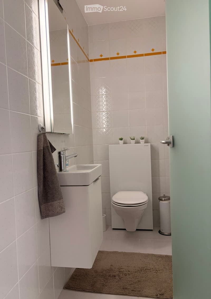 Modern bathroom with white tiles, a sink with a chrome faucet, a toilet, a mirror, a towel, a small rug, and decorative plants on the toilet tank.