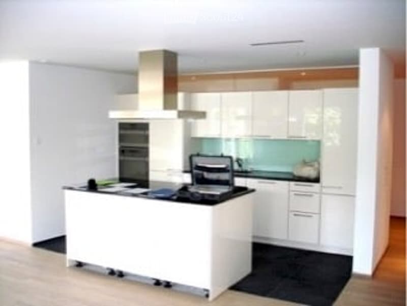 Modern kitchen with white cabinets, island, stove, oven, range hood, and sink.