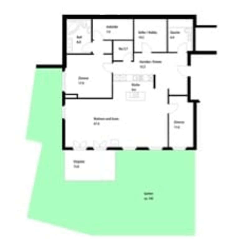 Floor plan of a house with multiple rooms including living room, dining room, bedrooms, bathrooms, and a garage.