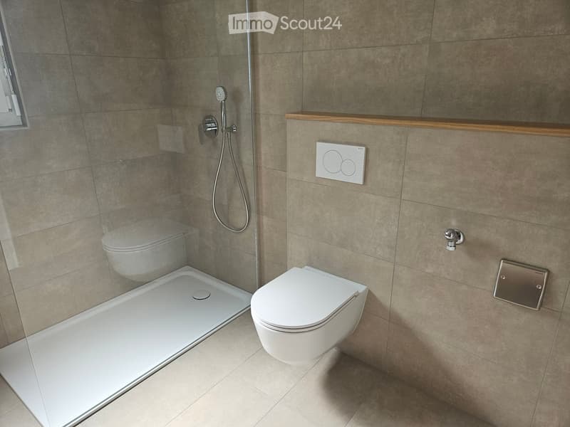 Modern bathroom with a walk-in shower, toilet, and control panel for water temperature and flow.