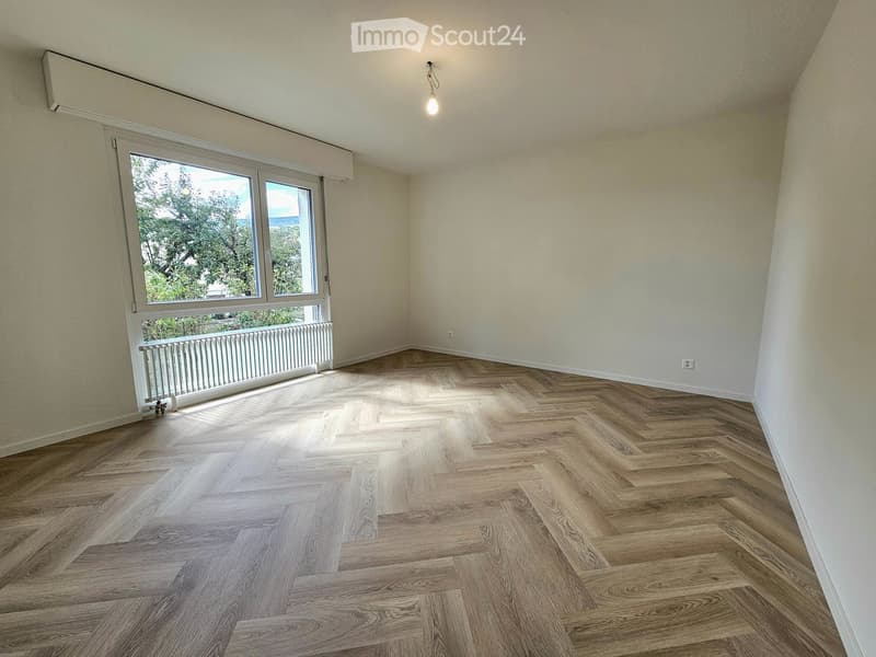 Empty room with wooden herringbone flooring, large window with view, radiator, and ceiling light fixture.