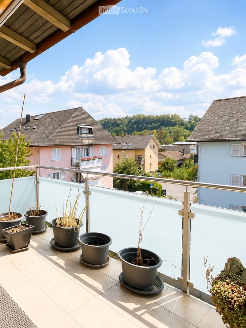 Balcony with a view of neighboring houses and greenery, featuring several potted plants and a modern metal railing.