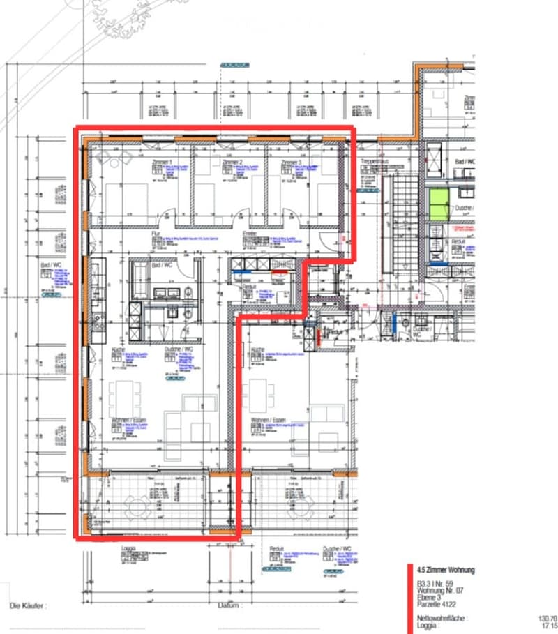 Floor plan of a multi-unit residential building showing multiple apartments, each with labeled rooms such as bedrooms, bathrooms, kitchens, and living areas.