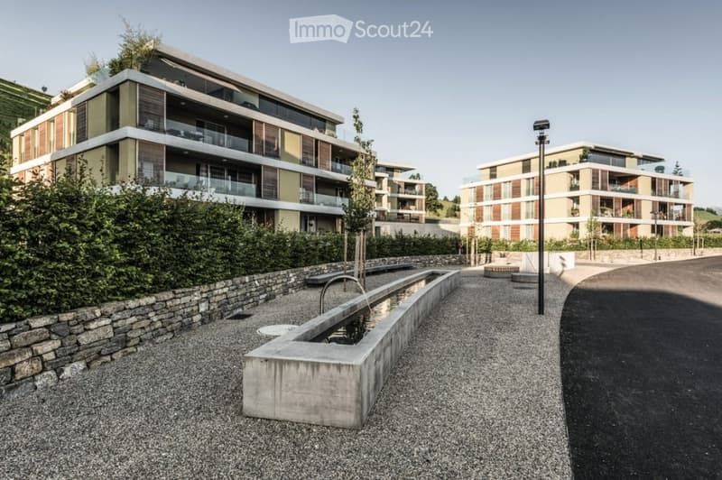 Modern multi-story residential buildings with balconies and contemporary design, surrounded by greenery and a paved walkway.