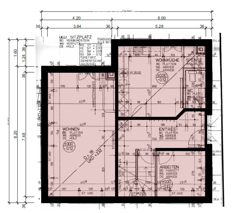 Floor plan of a multi-room apartment including living room, kitchen, dining area, bedrooms, and bathrooms.