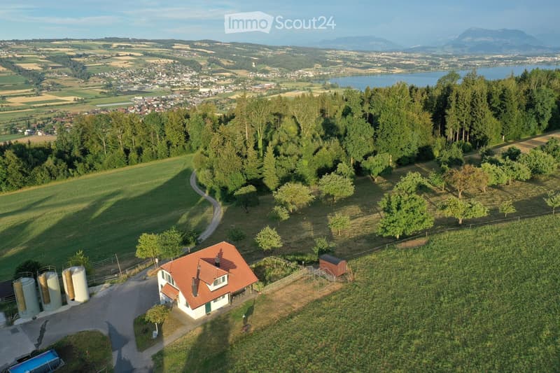 Aerial view of a single-story house with a red-tiled roof, surrounded by trees and fields, with a swimming pool and storage tanks nearby.
