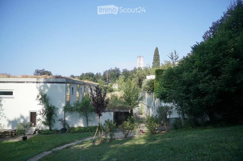 Modern white building with a flat roof and green roof sections, surrounded by a well-maintained garden with trees, shrubs, and a small seating area.