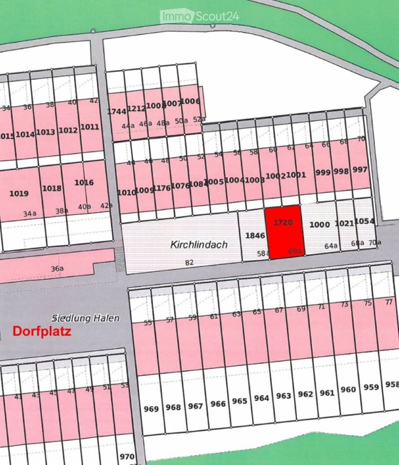 Floor plan of a residential area showing multiple plots and buildings, including numbered lots and streets such as Dorfplatz and Siedlung Halen.