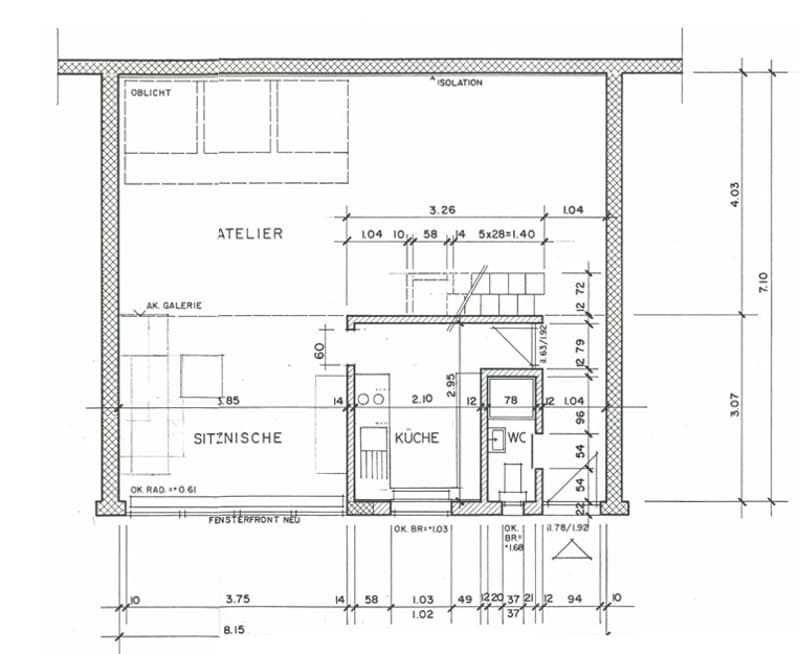 Floor plan showing an atelier, kitchen, sitting area, gallery, and WC. Dimensions and measurements are indicated throughout.