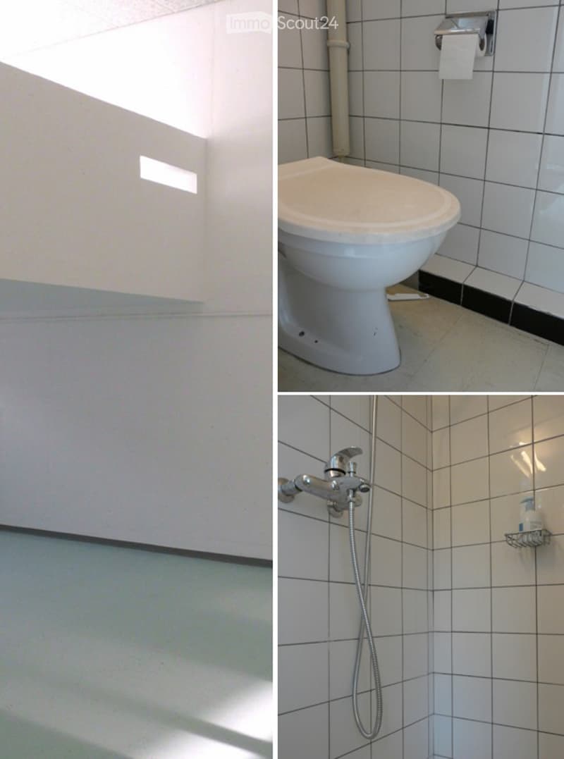 Bathroom with white tiled walls and floor, toilet, showerhead, and toilet paper holder.