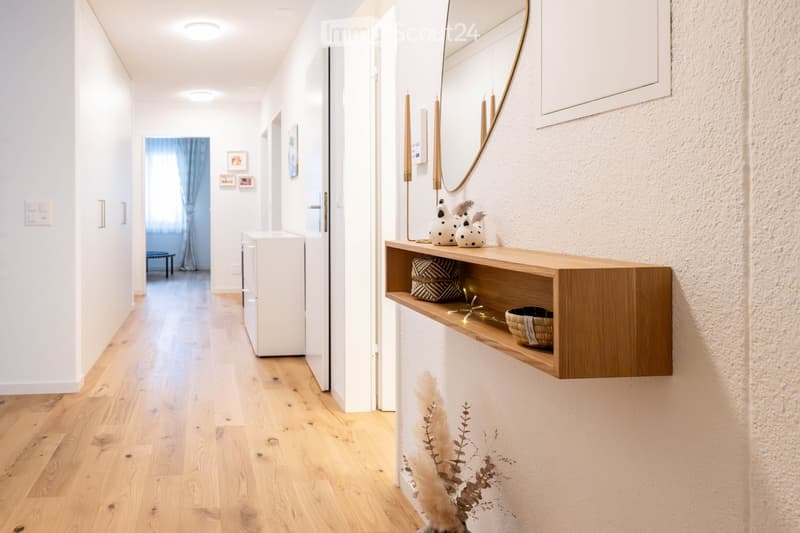 entrance hall, hallway, mirror, shelf, wooden floor, open door