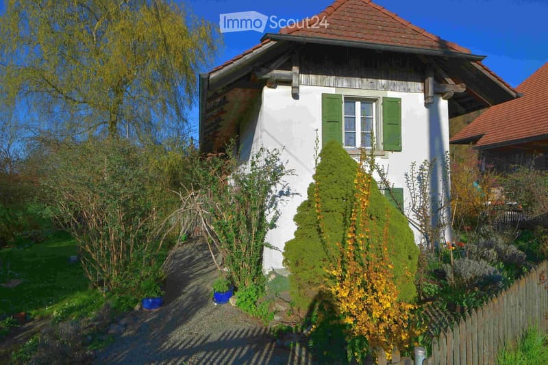 white house, red roof, green shutters, gravel driveway, garden with various plants and trees