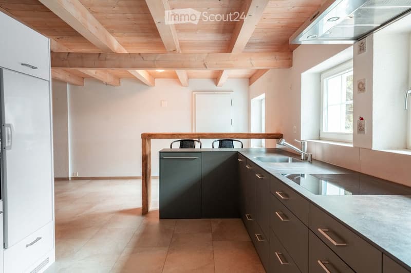 Modern kitchen with wooden ceiling beams, stainless steel sink, dark grey cabinets, and a white refrigerator. The space features a wooden countertop and tiled floor.