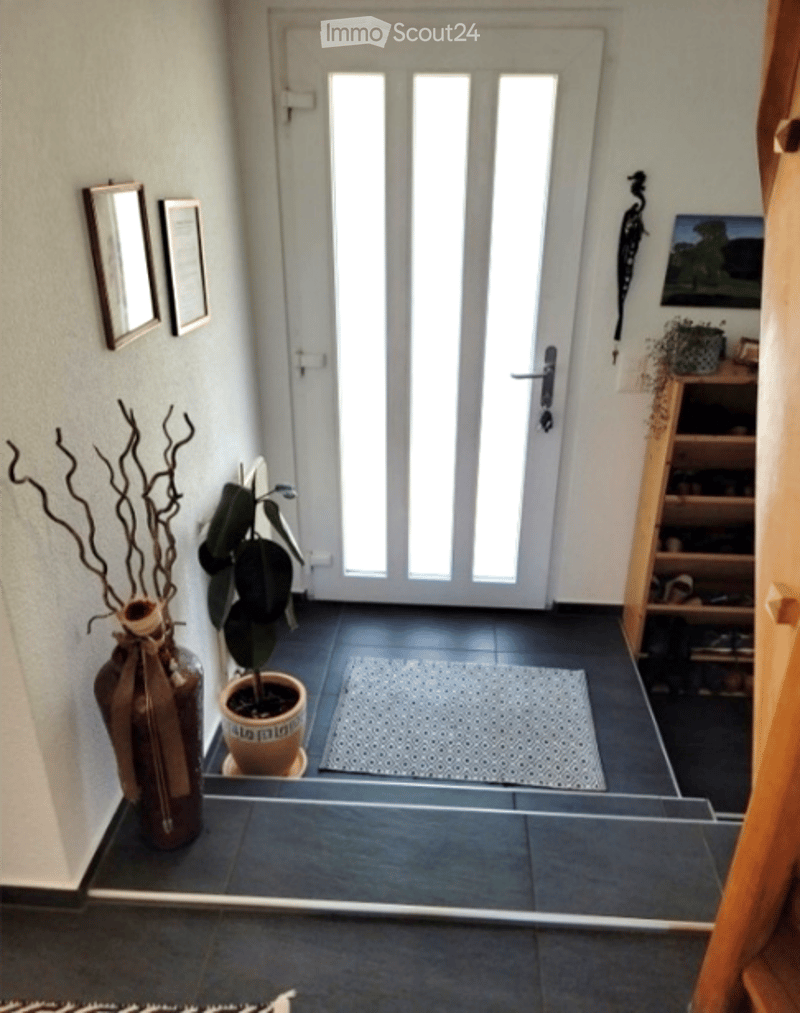 Entrance hallway with a glass door, small plant, decorative vase, and a shelf with shoes.